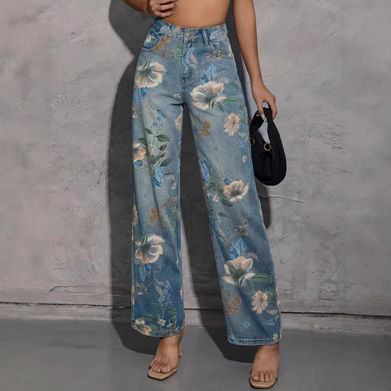 [can be sent overseas] European and American cross-border Amazon 2025 new vintage printed straight tube wide leg jeans women