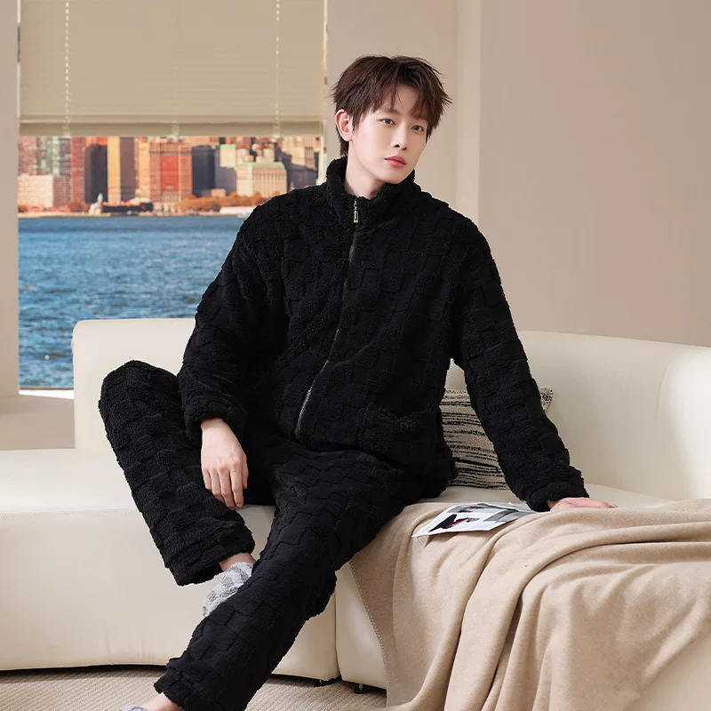 Men's Japanese demi-season pijama, flannel winter coral velvet set, simple cut, plus size