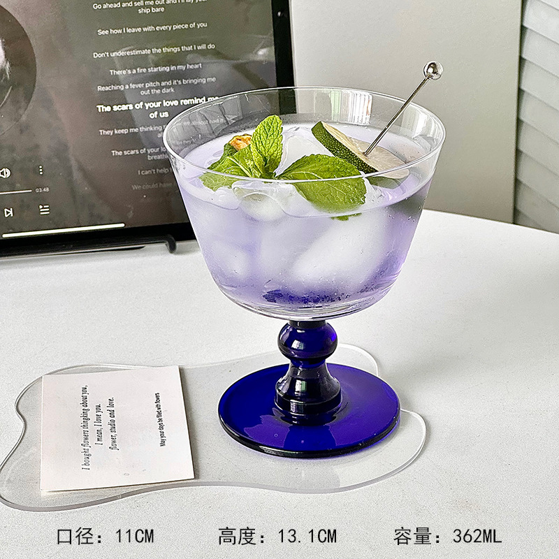 Retro de alto nivel azul tazas de vidrio de pie alto para el nicho de tazas de cócteles especiales tazas de champán tazas de bebidas frías