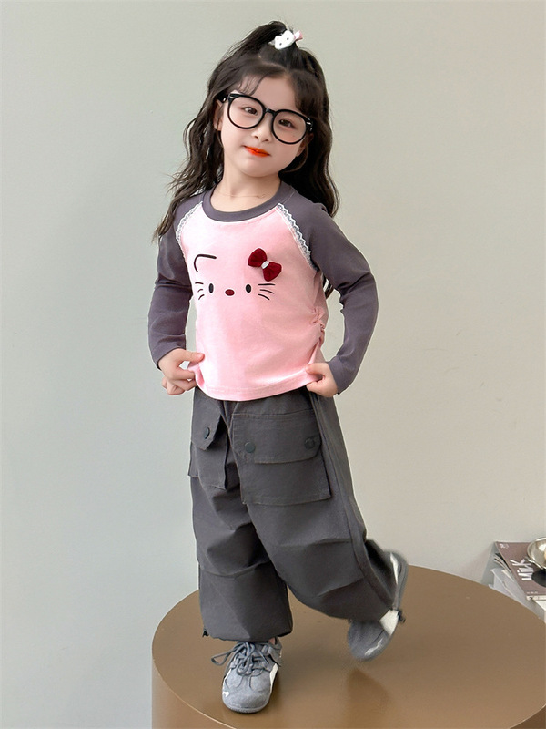 女童秋季工装裤套装2025新款儿童女孩宝宝卡通打底衫休闲裤两件套|undefined