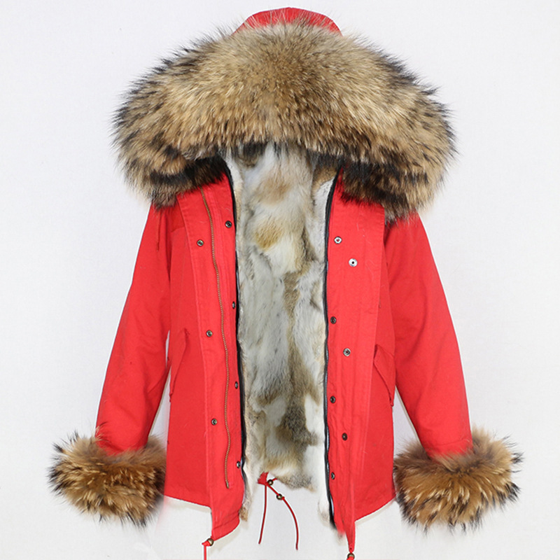 Women's Clothing Removable thickened rabbit fur lining new women's parka oversized raccoon fur collar fur short coat_voghion.com