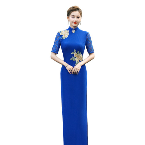 Retro blue red yellow lace chinese dresses for women Runway cheongsam restoring ancient ways lace sleeve cheongsam chorus costumes long qipao dress