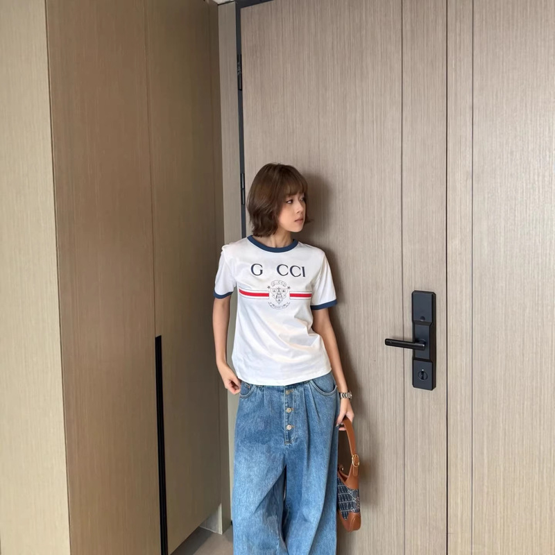 Nanyou Women's g Brand New Letter Print Round Neck Casual Versatile Retro Light Luxury Short Sleeve White T-Shirt for Women