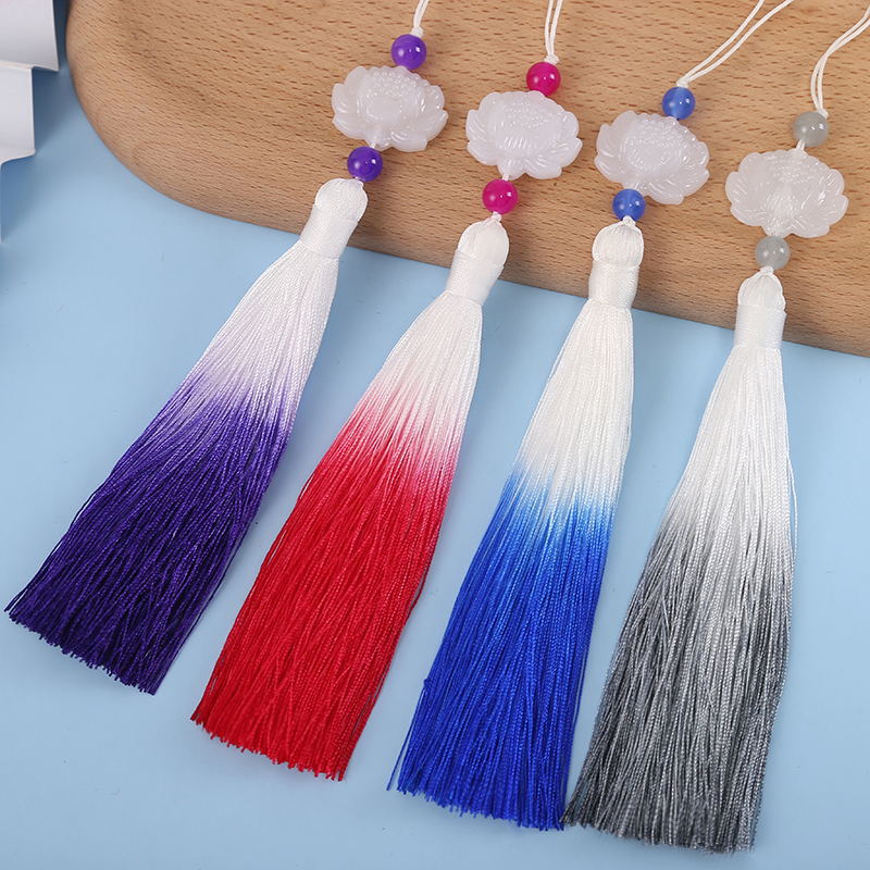 White Jade Lotus 13cm Gradient Tassel Pendant Jade Clear Fan Drop Pendant Ancient Costume Hanfu Collar Tassel Ornament