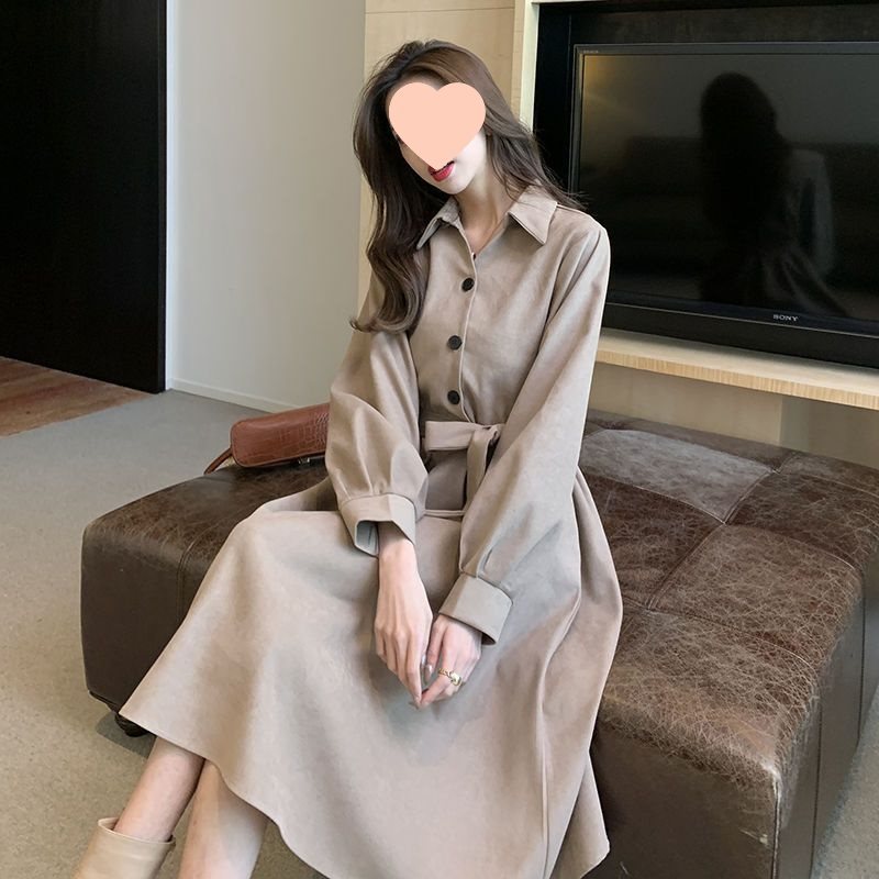 (2개) 봄과 가을 새로운 복고풍 차가운 바람 긴 기질 허리 슬리밍 긴 소매 원피스 여성용 플라티코돈 긴 원피스