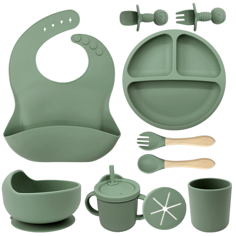 Juego de vajilla de silicona para niños Tazón de alimentación de grado alimenticio para bebés Taza de pajita molar para bebé