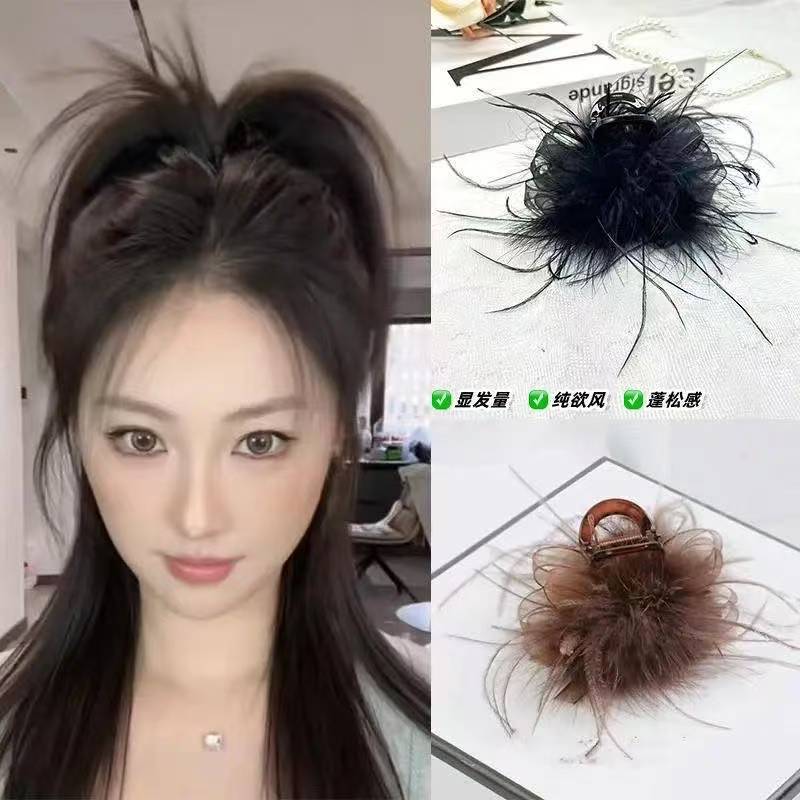 Trendy Black Hair Accessory with Mesh Feather Claw Clip, Versatile Internet Celebrity Hairpin, Popular Hair Ornament, Shark Clip