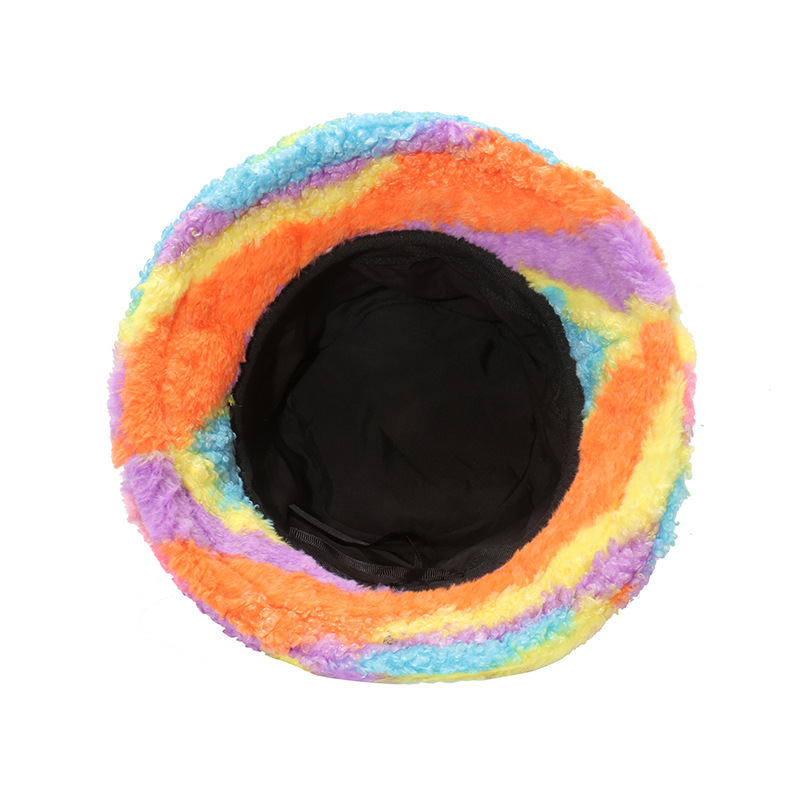 Pot Hat Winter Women's Warm Plush Hat Autumn and Winter Thickened Lamb Hair Colorful Gradient Striped Fisherman Hat_voghion.com