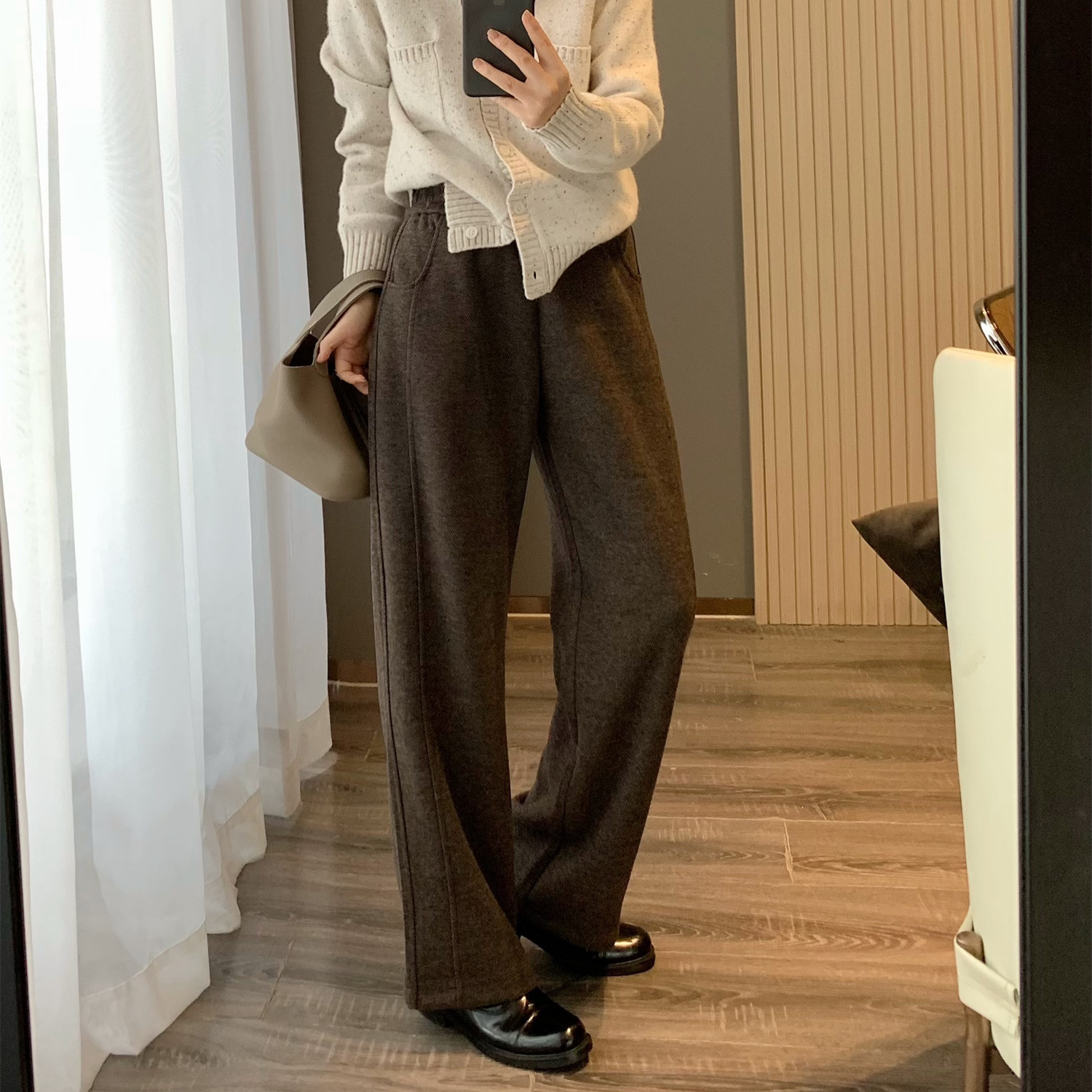 블루 헤링본 울에서  캐주얼 올 매치 탄성 허리 드레이프 와이드 레그 바지 모직 바지 여성 바지