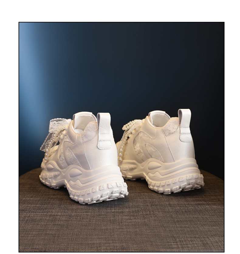 Giày sneaker nữ đế dày tăng chiều cao, phối ngọc trai và nơ, phong cách bánh xốp — Màu be chi tiết 20