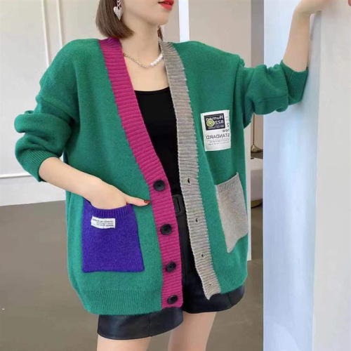 Early Autumn Plus Size Women's Color Block Knit Pocket Fashion Cardigan Loose Slimming Sweatshirt Outerwear