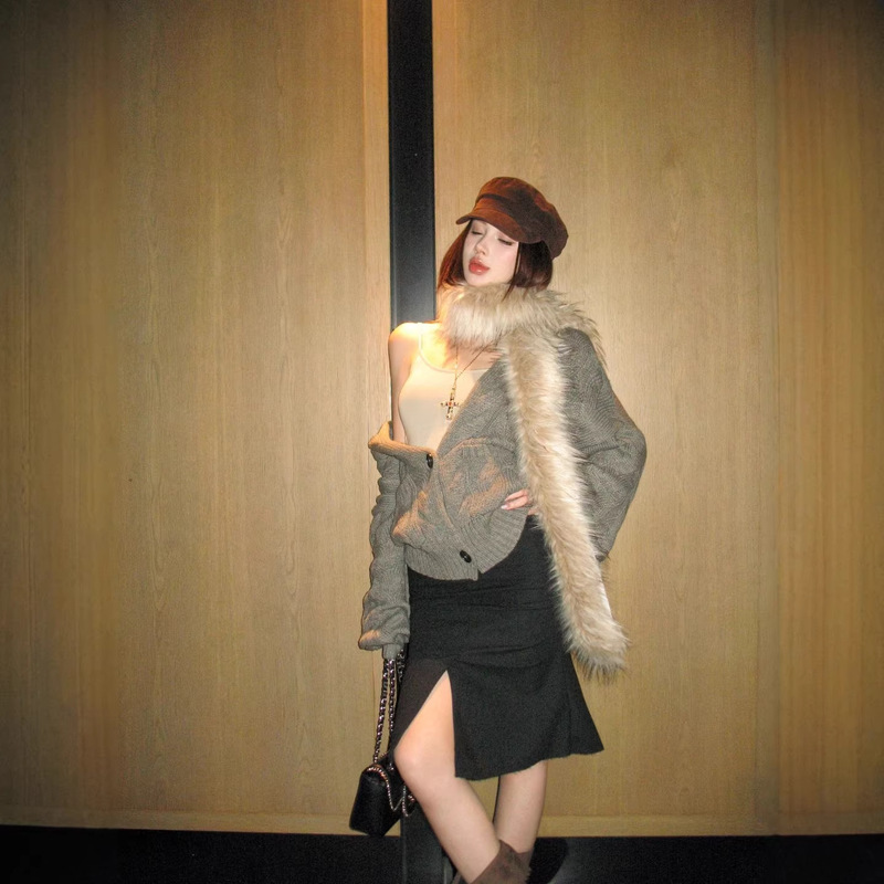 Retro Fashion Suit for Women, Winter Gray Cable-Knit Cardigan, Warm and Versatile, Stylish Coarse-Knit Cable Design Coat