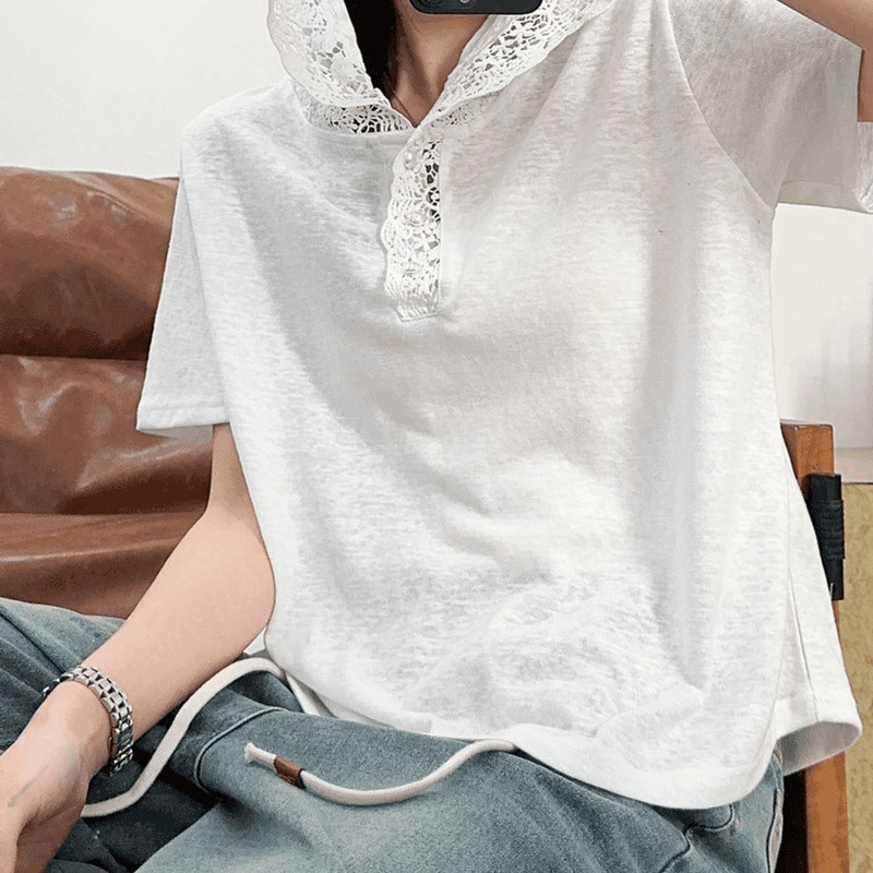 Korean-Style Lace Patchwork Hooded Short-Sleeve Shirt for Women, Summer 2026, Loose Fit, Slimming, Versatile Top, Niche Trendy Shirt Korean-Style Lace Patchwork Hooded Short-Sleeve Shirt for Women, Summer 2026, Loose Fit, Slimming, Versatile Top, Niche Trendy Shirt