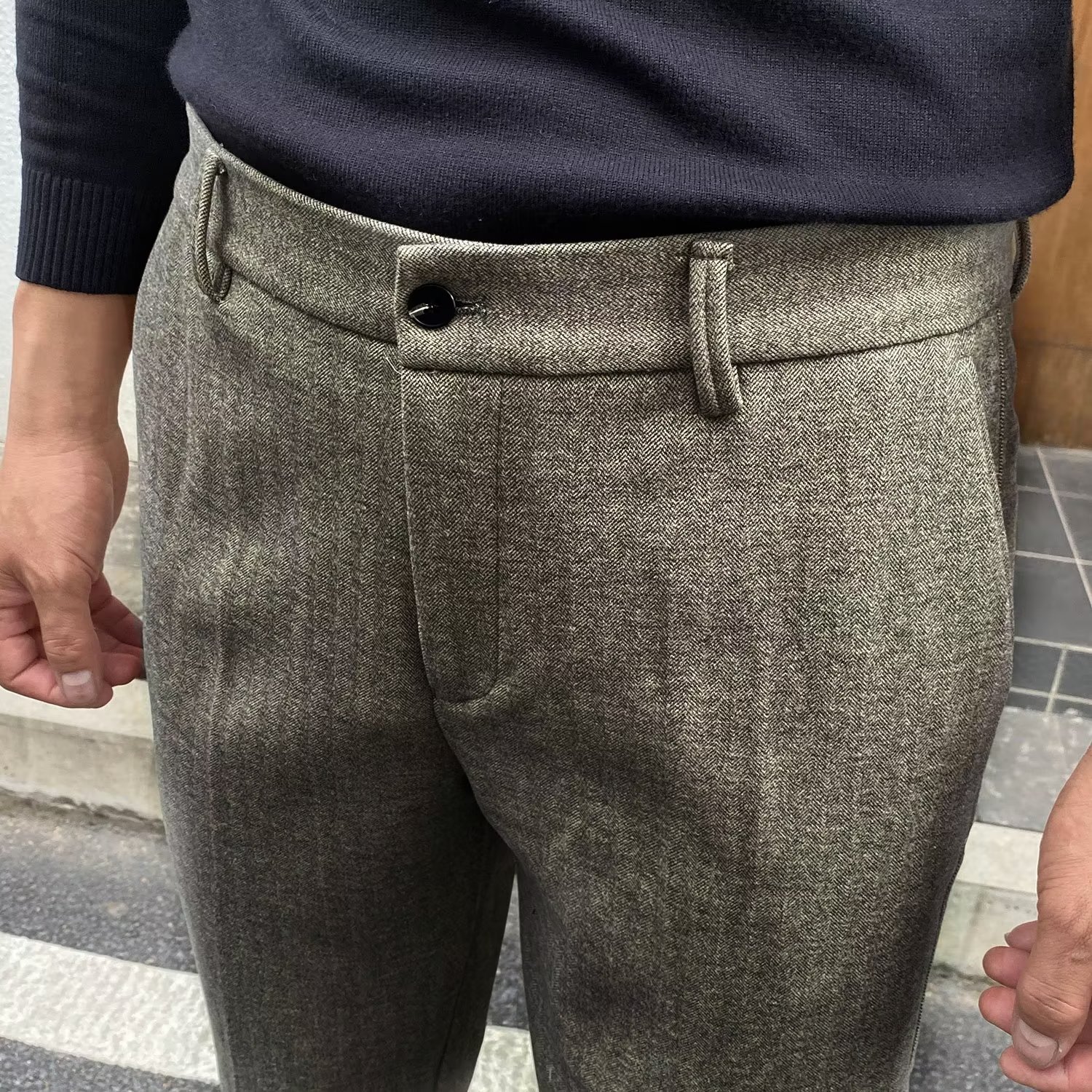 Pu Shuai Mei Británico grueso de la vendimia lana negro gris patrón espiga tela cruzada Tweed slim fit traje flaco los hombres Pantalones
