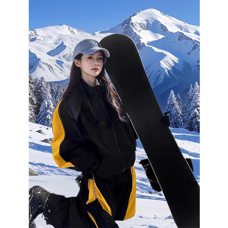 芙沿黄黑拼色滑雪服套装外套女2025秋冬新款小众防风单板雪服男|undefined