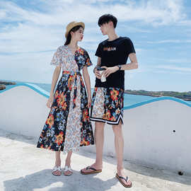 情侣装沙滩蜜月旅游拍照度假风撞色拼接女连衣裙T恤短裤一裙一衣