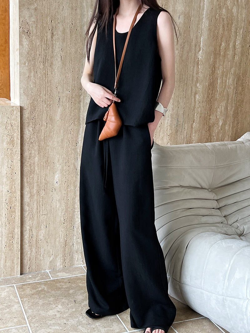 Chaleco sin mangas con abertura en la espalda, top, pantalones anchos, traje coreano de dos piezas para desplazamientos diarios