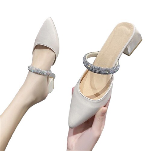  New Baotou Half Slippers Women's Summer Outerwear Thick Heel Pointed Toe Mules Fashionable Rhinestone Fairy High Heel Sandals
