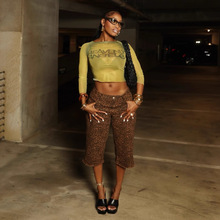 2025夏季新款女装美式性感甜辣风透视印花性感修身长袖无痕上衣女