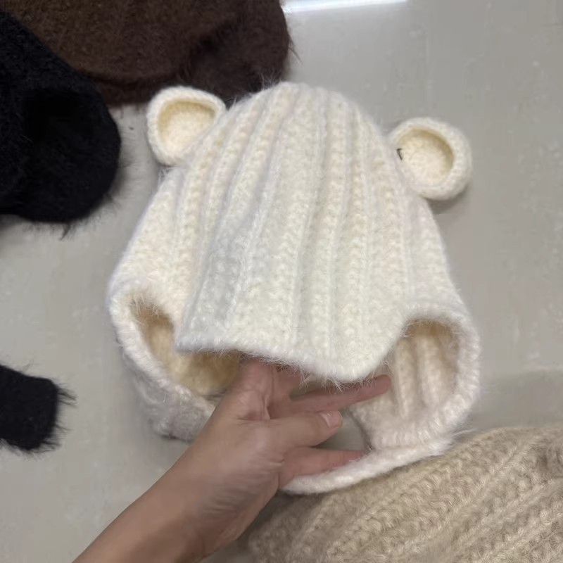 可爱百搭减龄小熊耳朵毛线帽子女秋冬保暖短遮护耳针织雷锋帽显瘦|undefined