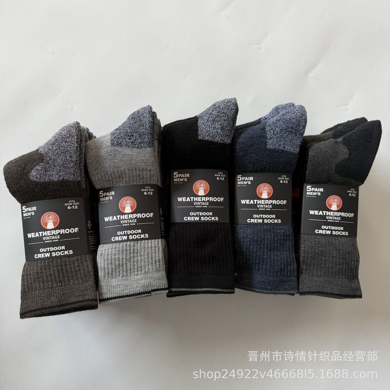 Cross-border mid-calf socks, outdoor wool hiking and running socks, thickened terry socks for autumn and winter, men's sports socks, 5 pairs per pack, wholesale Cross-border mid-calf socks, outdoor wool hiking and running socks, thickened terry socks for autumn and winter, men's sports socks, 5 pairs per pack, wholesale