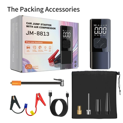 Car Emergency Jump Starter and Hava nasosu - jm-8813-air-compressor-jump-starter-combo-7200mah-standard-clamps-carrying-bag