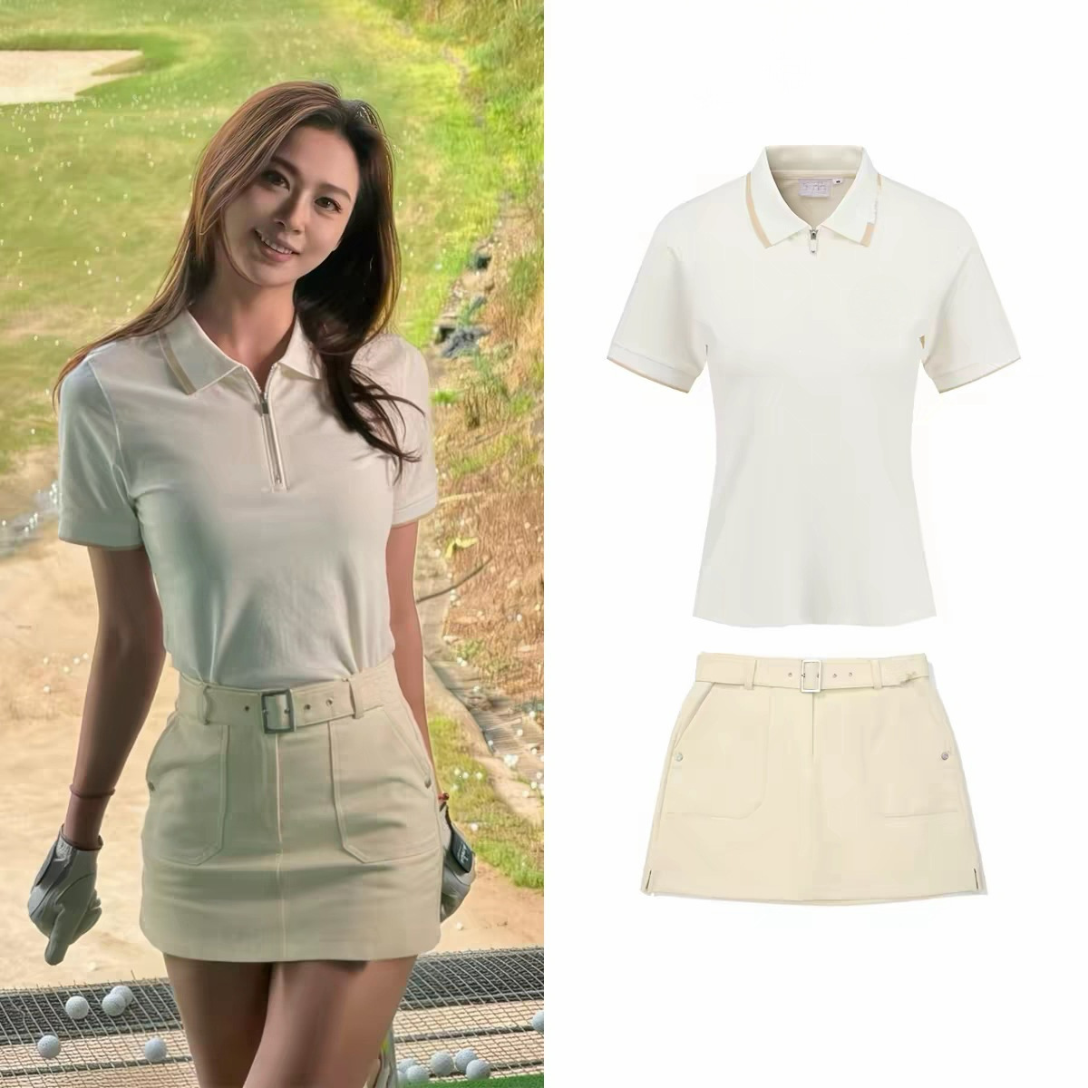 26 Summer Korean Golf Women's Outfit: Slim-fit, stretchy, fashionable, short-sleeved, belted, workwear-style short skirt with a lapel collar