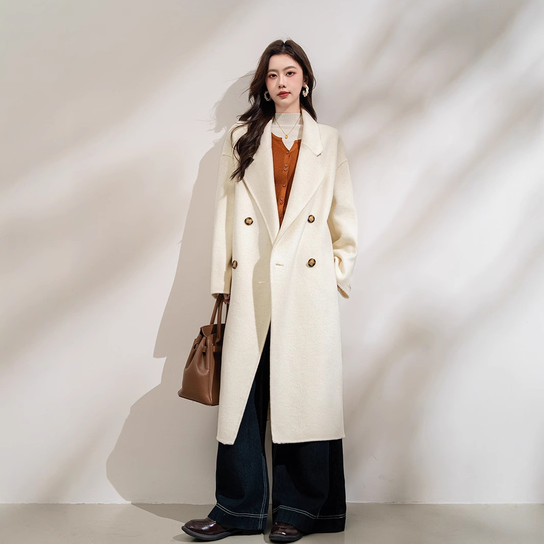 High-End Korean Cocoon-Shaped Double-Sided Wool Outwear, Long Woolen Outwear, Hand-Sewn 100% Wool