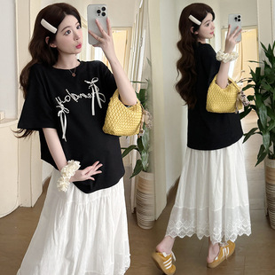 2025 Summer New Fashion Printed Letter Loose T-shirt Pig Nose Buckle Skirt Pregnant Women's suit