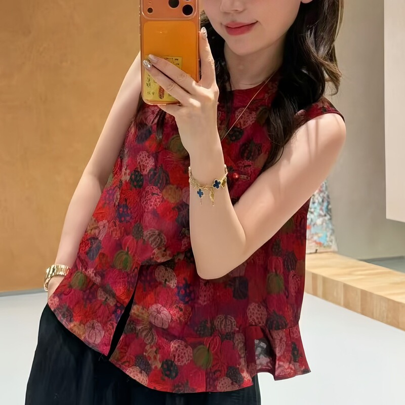 New Chinese-Style Jacquard Sleeveless Vest with Button Fasteners, 2026 Summer New Retro Ruffled National Style Slimming Top
