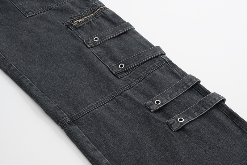 Men's Clothing Distressed Wash Tooling Jeans Men's and Women's New Fashion Brand Pocket Zipper Design Sense Side Strap Loose Straight Pants_viptrois.com