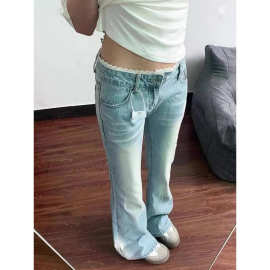 #【非实拍】复古蕾丝边微喇牛仔裤女弹力宽松直筒高腰微喇叭裤
