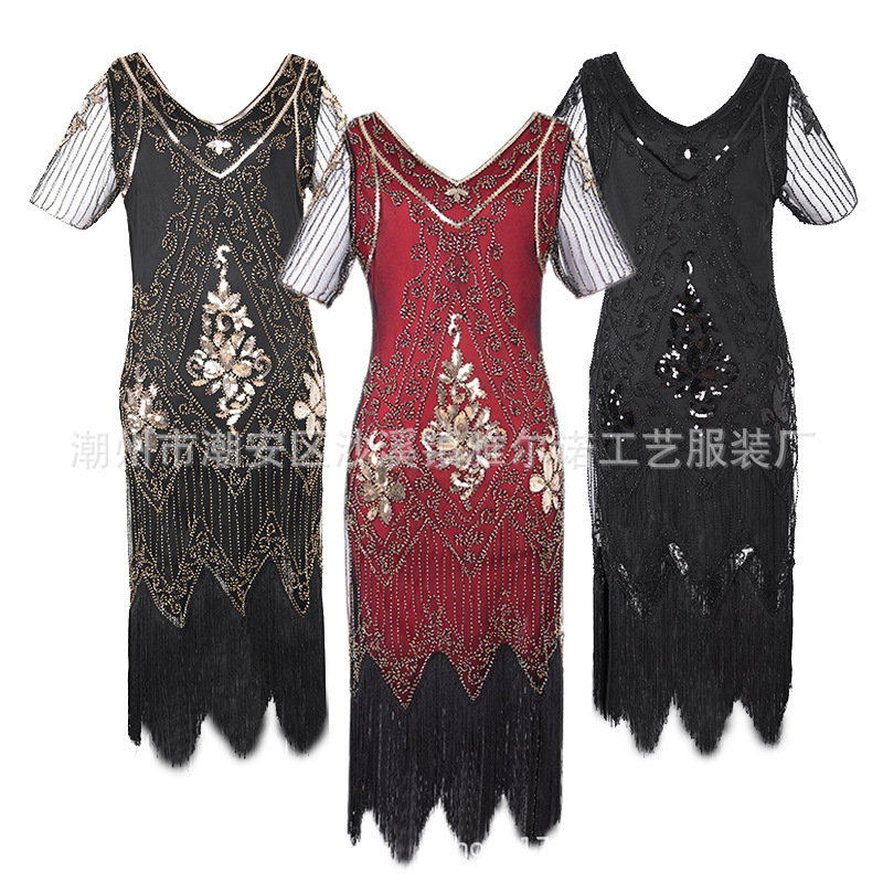 1920复古亮片钉珠短袖连衣裙跨境欧美外贸亚马逊热卖礼服演出服