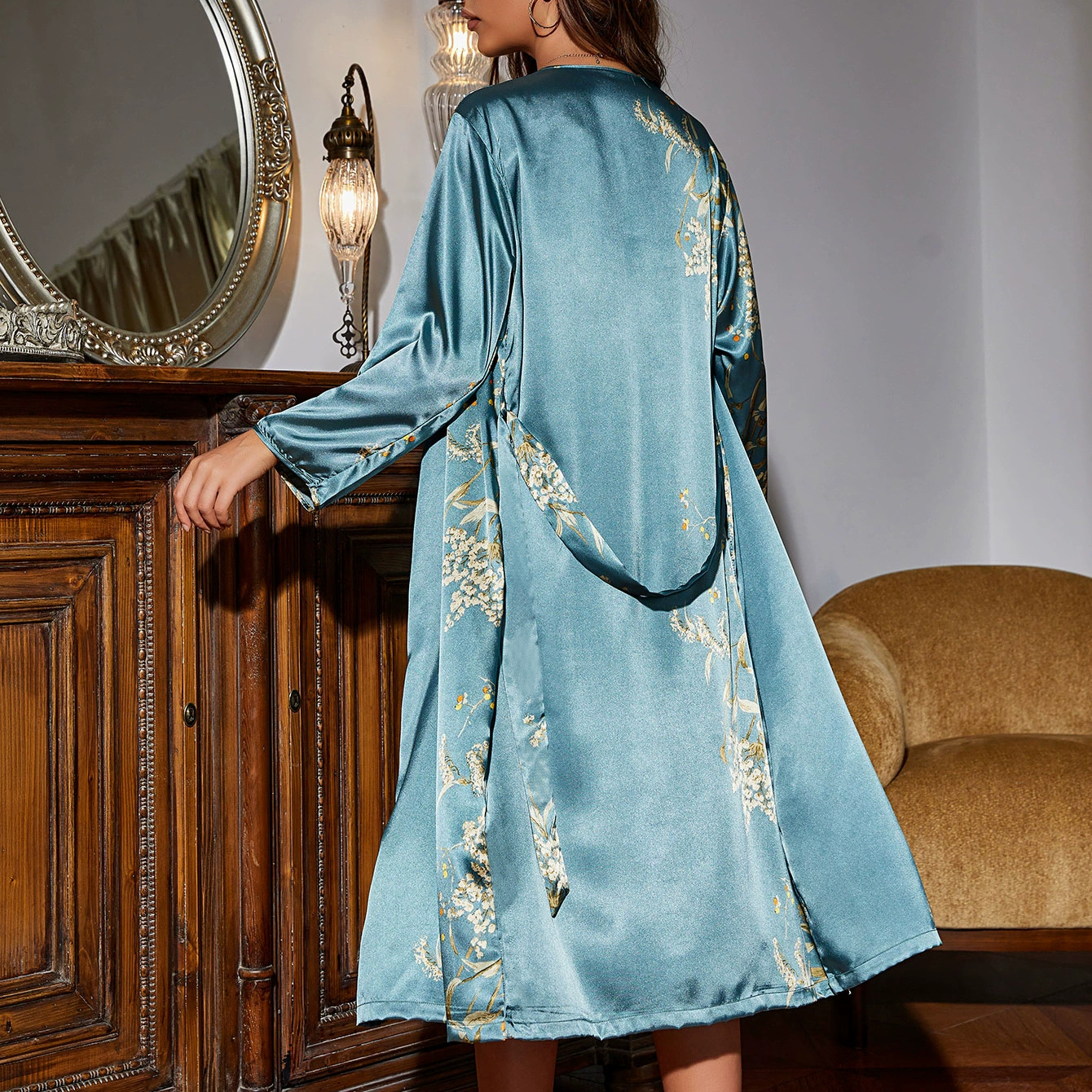 Pijama, bathrobe, thin long set, simple and elegant design, mid-length