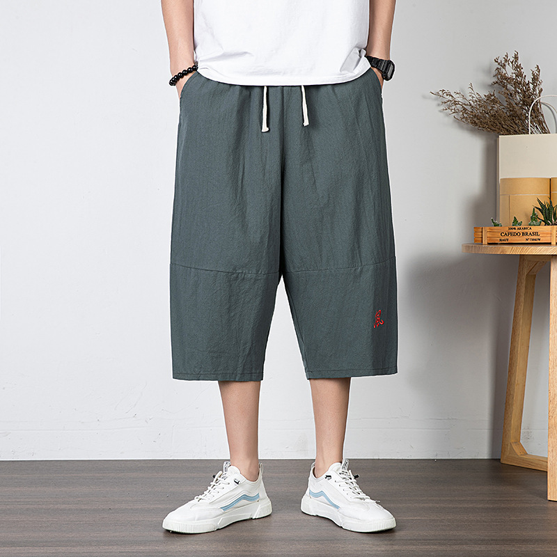 トレンディなブランドの男性用クロップドパンツ、リネンショートパンツ、無地の中国風紳士服、ルーズストレートビーチパンツ、トレンディなコットンとリネンのパンツ|undefined