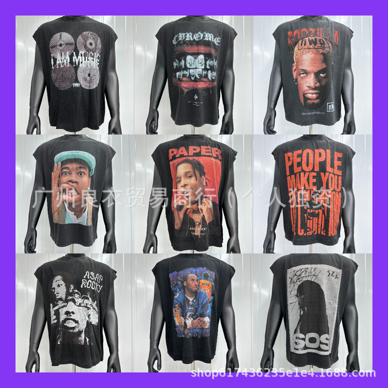 Travis Scott Cactus Jack Retro Character Hip-Hop Sleeveless T-Shirt Washed Distressed Waistcoat Vest