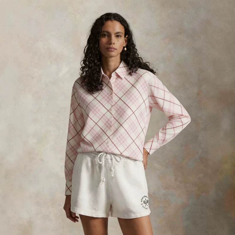 2026 New European and American Style Simple Commuting Classic Pink and White Diagonal Plaid Turn-down Collar Versatile Elegant Long-sleeve Women's Shirt 2026 New European and American Style Simple Commuting Classic Pink and White Diagonal Plaid Turn-down Collar Versatile Elegant Long-sleeve Women's Shirt