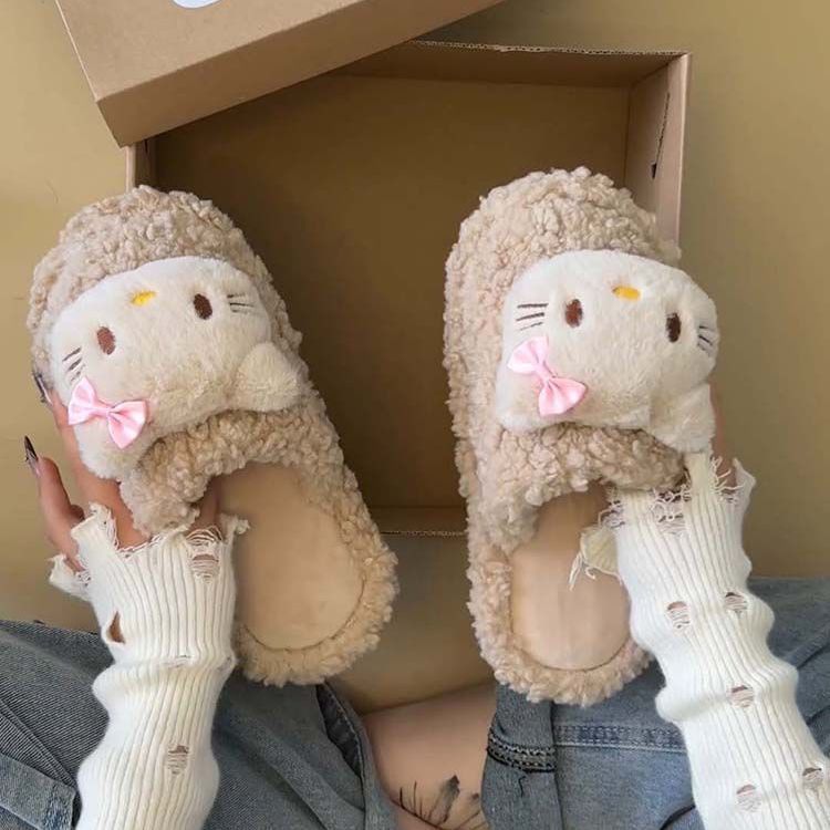 可爱韩版凯蒂猫羊羔毛棉拖鞋女2025年冬季新款居家舒适包头毛毛鞋|undefined