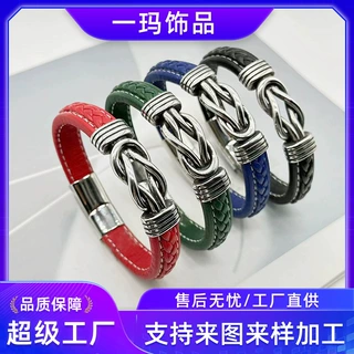 亚马逊热销不锈钢个性手工手环跨境专供男士时尚皮革皮质一玛手镯