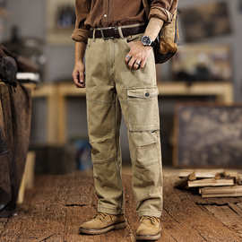 2024新款复古重磅纯棉黄卡色多口袋工装休闲裤男秋冬款宽松直筒裤
