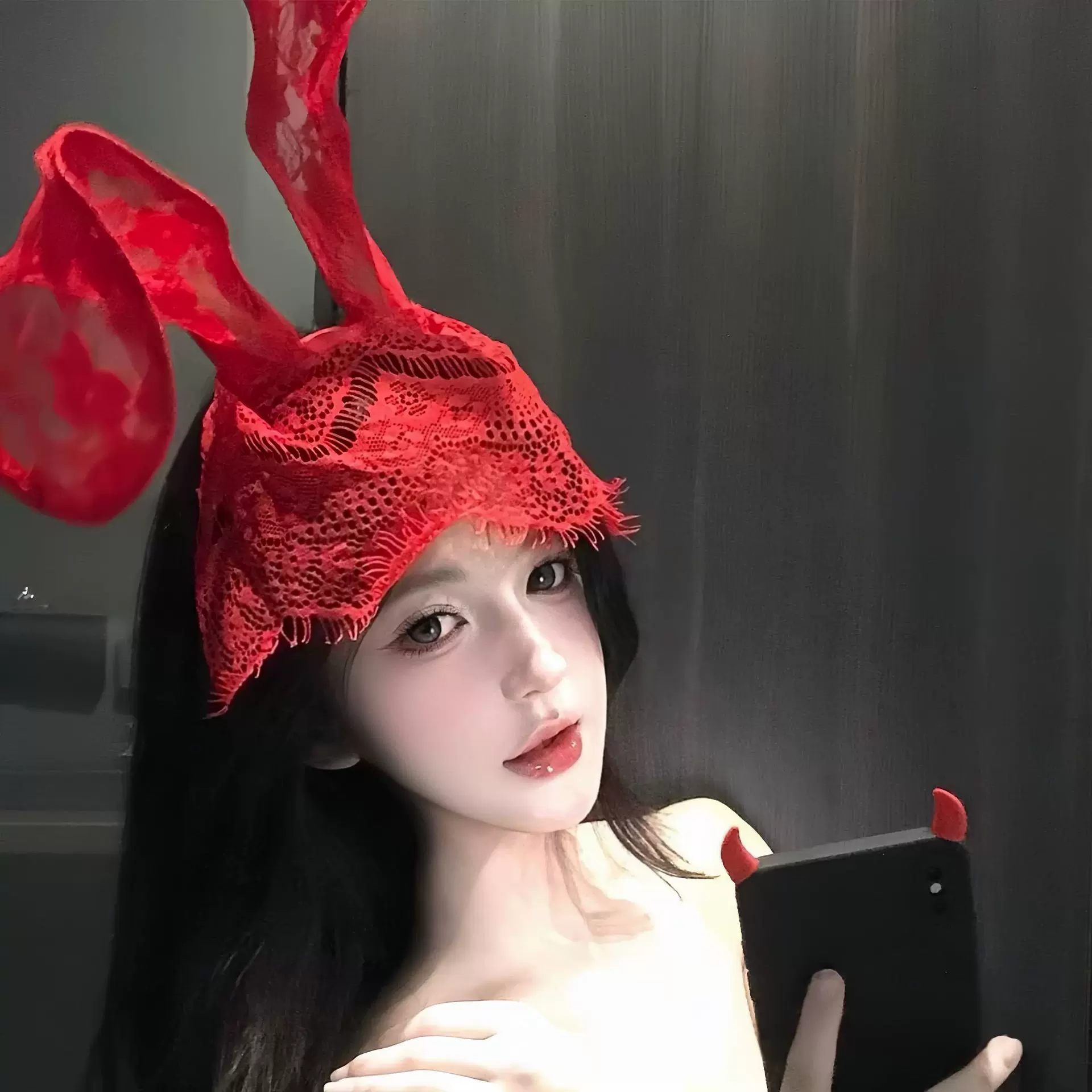 季末红色蕾丝性感兔耳朵发箍情趣遮脸网纱面罩万圣节头饰情趣配饰