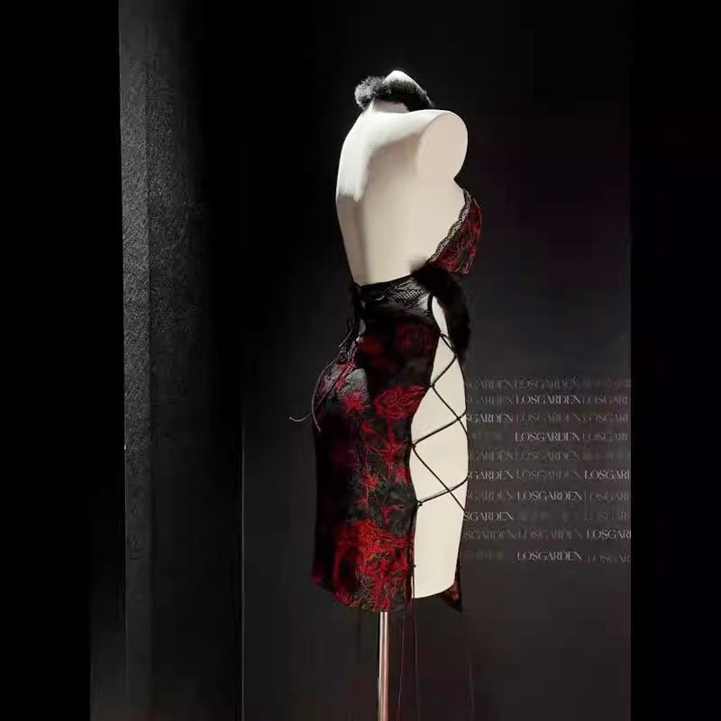 Ancient-Style Cheongsam Lingerie Nightdress with High Slit, Polyester, One Size — detail image 4