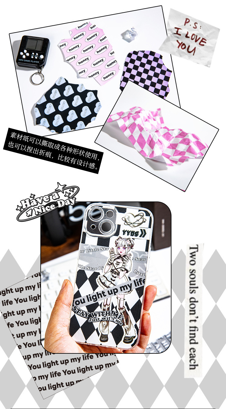 甜酷少女y2k美式甜心电波无粘性素材纸英文格纹手帐装饰打底背景详情8