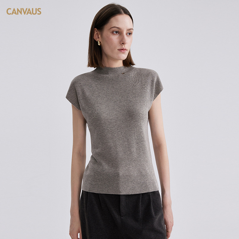 Canvaus Contains Sheep Wool Half Turtleneck Wool Knitwear Women's Autum Short-Sleeved Simple Slim Pullover Inner Top