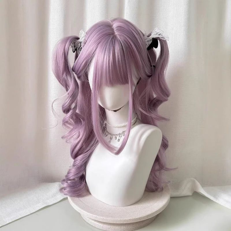かつら ピンクパープル 女性用 スイートガール系 量産型 ダブルポニーテール ロングカールヘア ロリータ風 前髪あり フルウィッグ|undefined