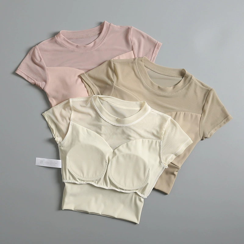 Сексуальная одежда для йоги, топ с чашечками, спортивная футболка для спортзала, с коротким рукавом, обтягивающая, для бега