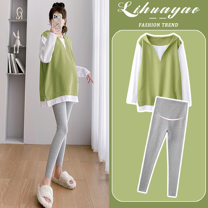Pregnant women suit fashion fashion fashion green hooded casual loose sweater two-piece 2024 new spring and autumn women