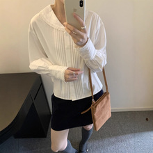 实拍！韩版复古甜美娃娃领蕾丝花边压褶设计长袖衬衫女装秋季新款