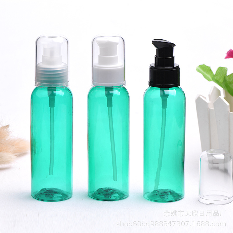 厂家货源100ml圆肩透绿瓶 乳液泵按压瓶 沐浴露洗发水分装塑料瓶