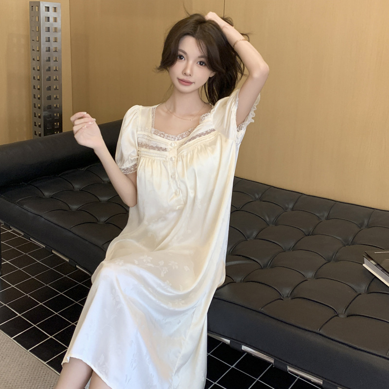 French-Style Nightgown with Breast Pads for Women, Summer Thin Jacquard Lace Long Dress, Sexy Summer Pajamas, Plus Size Dress French-Style Nightgown with Breast Pads for Women, Summer Thin Jacquard Lace Long Dress, Sexy Summer Pajamas, Plus Size Dress